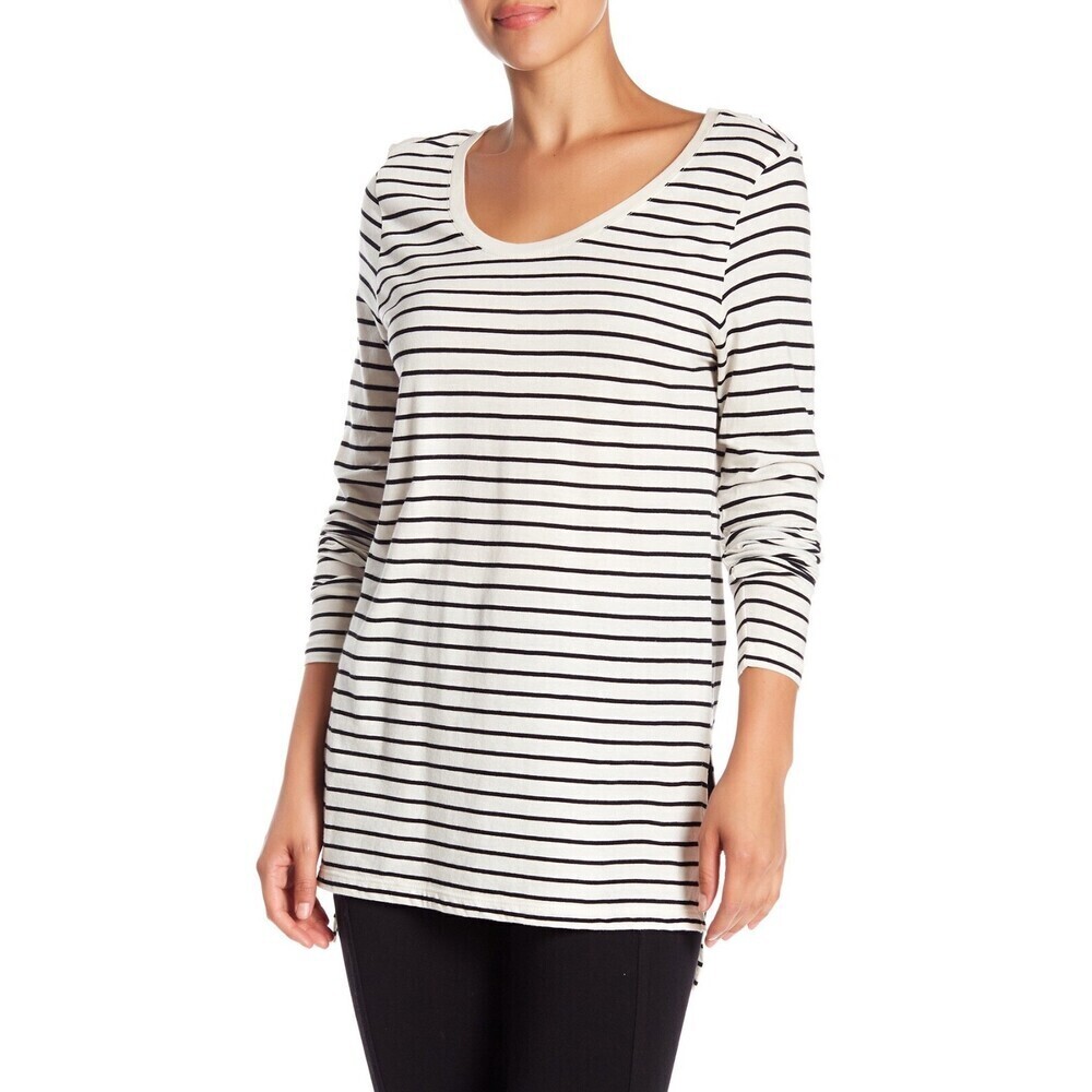 Abound Long Sleeve Scoop Neck T-Shirt In Ivory Stripe Size XXS